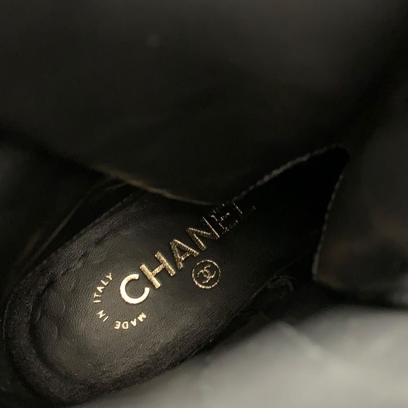 Chanel Boots Short Boots Shoes Nylon Patent Black Gold Here Mark Lace Up