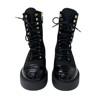 Chanel Boots Short Boots Shoes Nylon Patent Black Gold Here Mark Lace Up