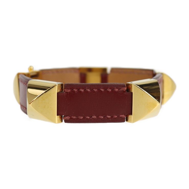 Hermes Bracelet Leather Red Gold Hardware Medallion Engraved V Gold Hardware