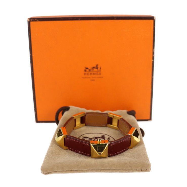 Hermes Bracelet Leather Red Gold Hardware Medallion Engraved V Gold Hardware