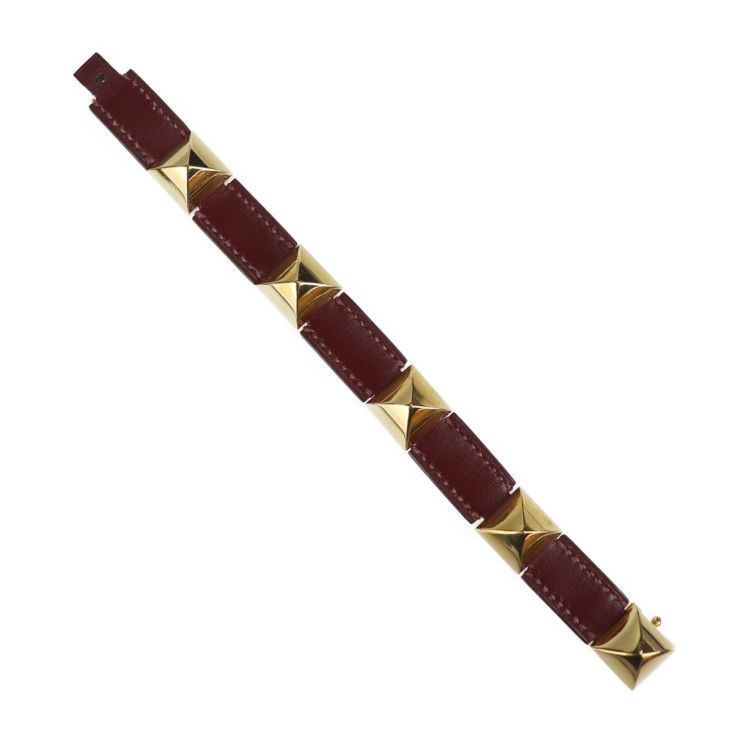 Hermes Bracelet Leather Red Gold Hardware Medallion Engraved V Gold Hardware