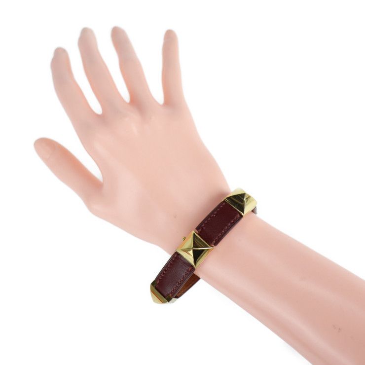 Hermes Bracelet Leather Red Gold Hardware Medallion Engraved V Gold Hardware