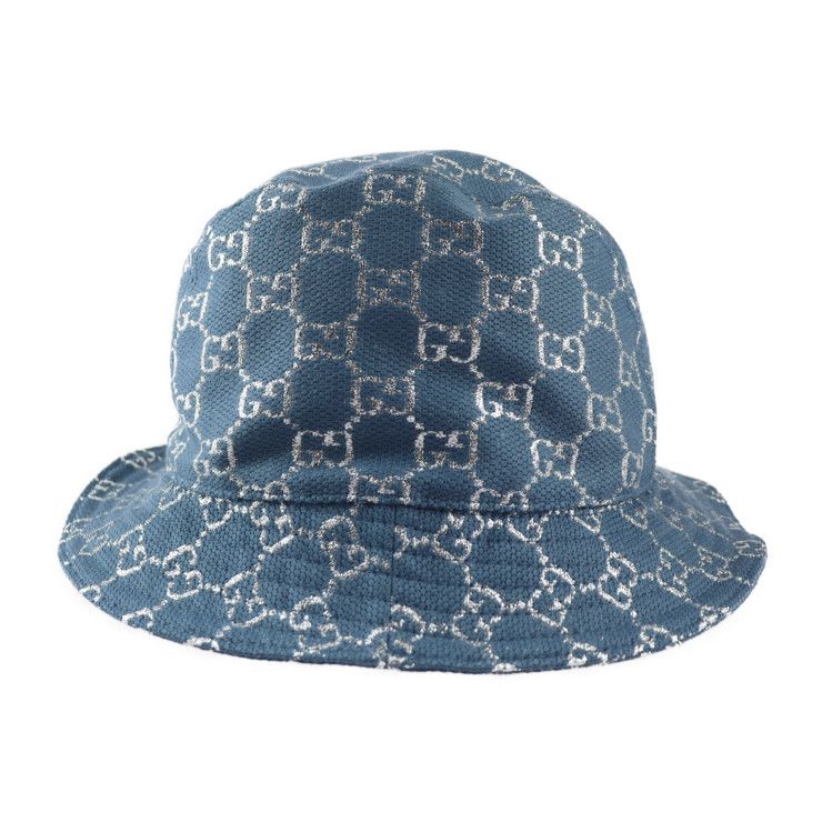 Gucci GG Lame Bucket Hat 631951 71% Wool 17% Nylon 12% Metal Fiber Blue Silver