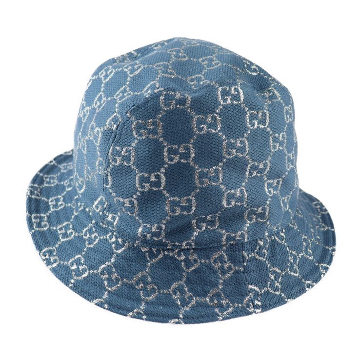Gucci GG Lame Bucket Hat 631951 71% Wool 17% Nylon 12% Metal Fiber Blue Silver
