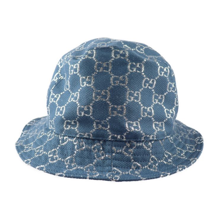 Gucci GG Lame Bucket Hat 631951 71% Wool 17% Nylon 12% Metal Fiber Blue Silver
