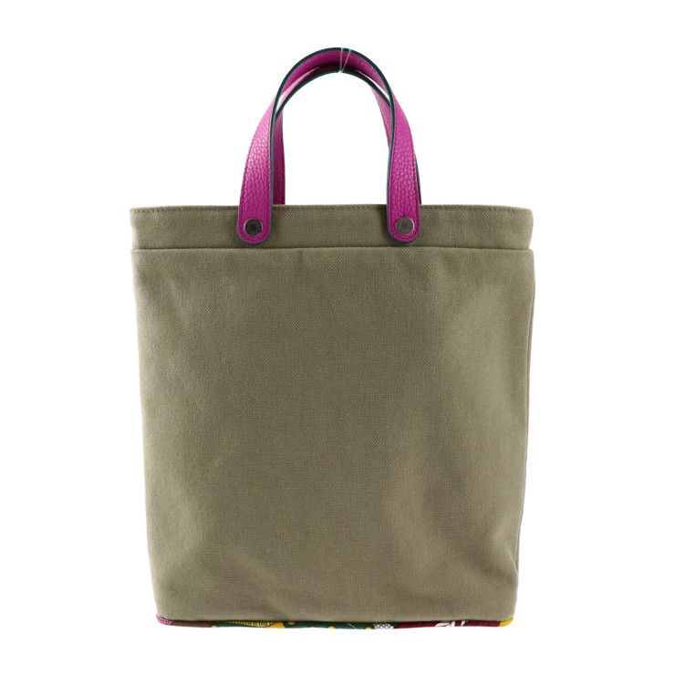 Hermes Tote Bag - Cotton Canvas Leather Silk Khaki Pink Purple Petit H Petit