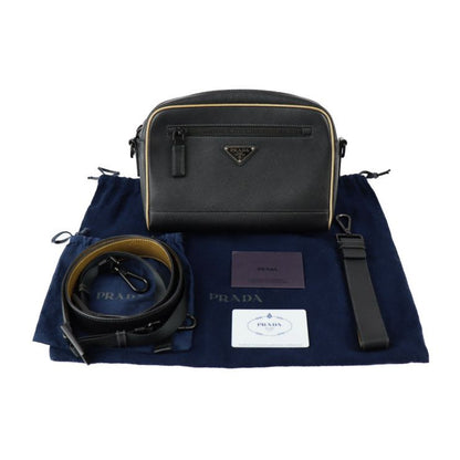 Prada Shoulder Bag 2vh063 Saffiano Leather Black Gold Tone Triangle Logo