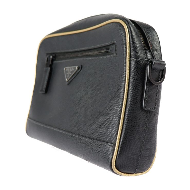 Prada Shoulder Bag 2vh063 Saffiano Leather Black Gold Tone Triangle Logo