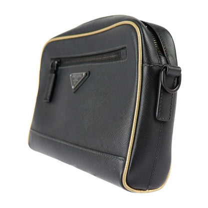 Prada Shoulder Bag 2vh063 Saffiano Leather Black Gold Tone Triangle Logo