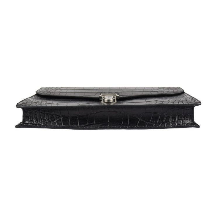 Celine Business Bag - Croc Shape Pressed Leather Black Silver Hardware Portable