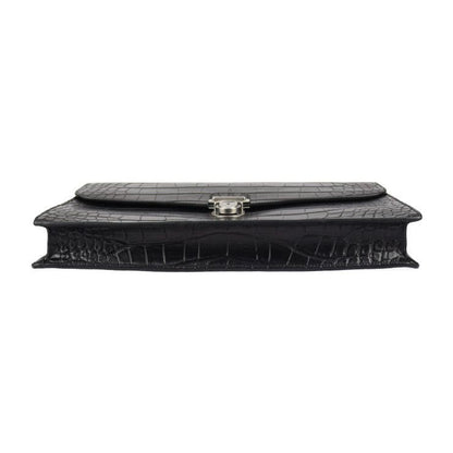 Celine Business Bag - Croc Shape Pressed Leather Black Silver Hardware Portable