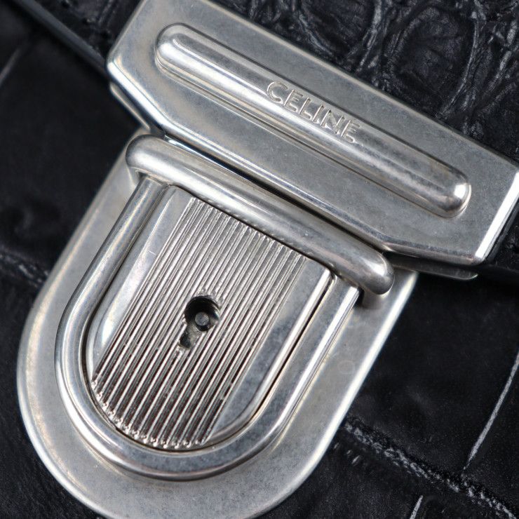 Celine Business Bag - Croc Shape Pressed Leather Black Silver Hardware Portable