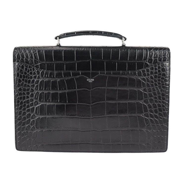 Celine Business Bag - Croc Shape Pressed Leather Black Silver Hardware Portable
