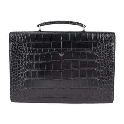 Celine Business Bag - Croc Shape Pressed Leather Black Silver Hardware Portable