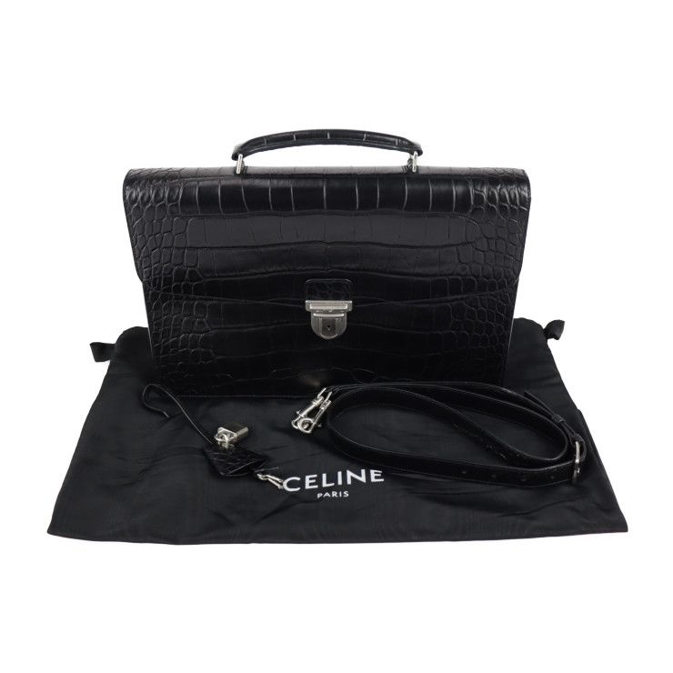 Celine Business Bag - Croc Shape Pressed Leather Black Silver Hardware Portable