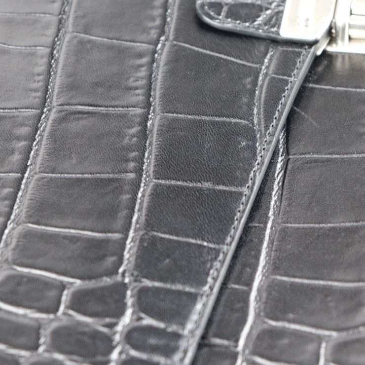 Celine Business Bag - Croc Shape Pressed Leather Black Silver Hardware Portable