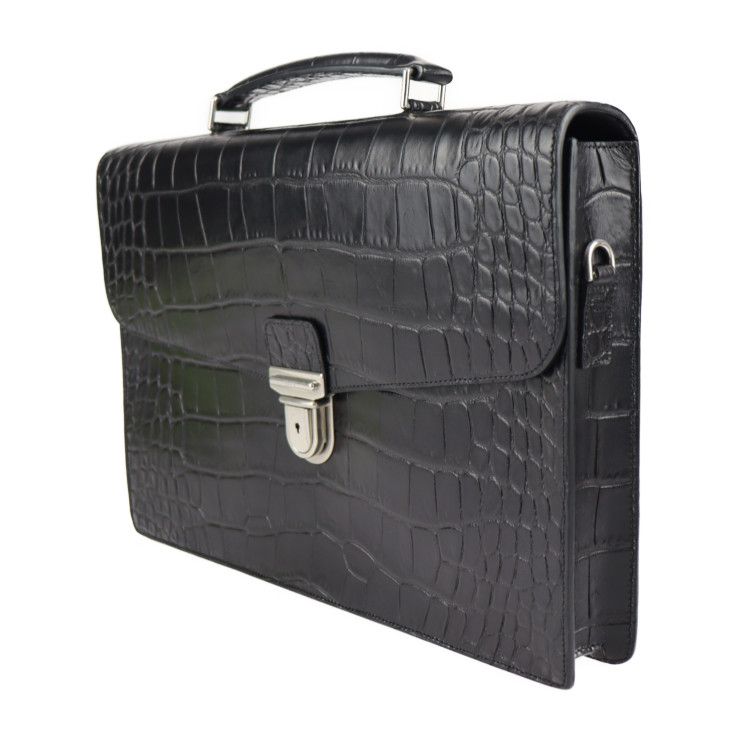 Celine Business Bag - Croc Shape Pressed Leather Black Silver Hardware Portable