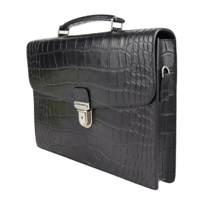 Celine Business Bag - Croc Shape Pressed Leather Black Silver Hardware Portable