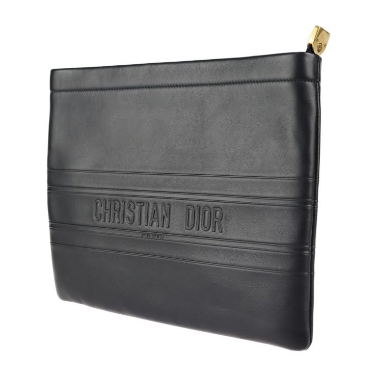 Christian DIOR Clutch Bag 19s5543cgsb Leather Black Bag Gold Hardware Pouch