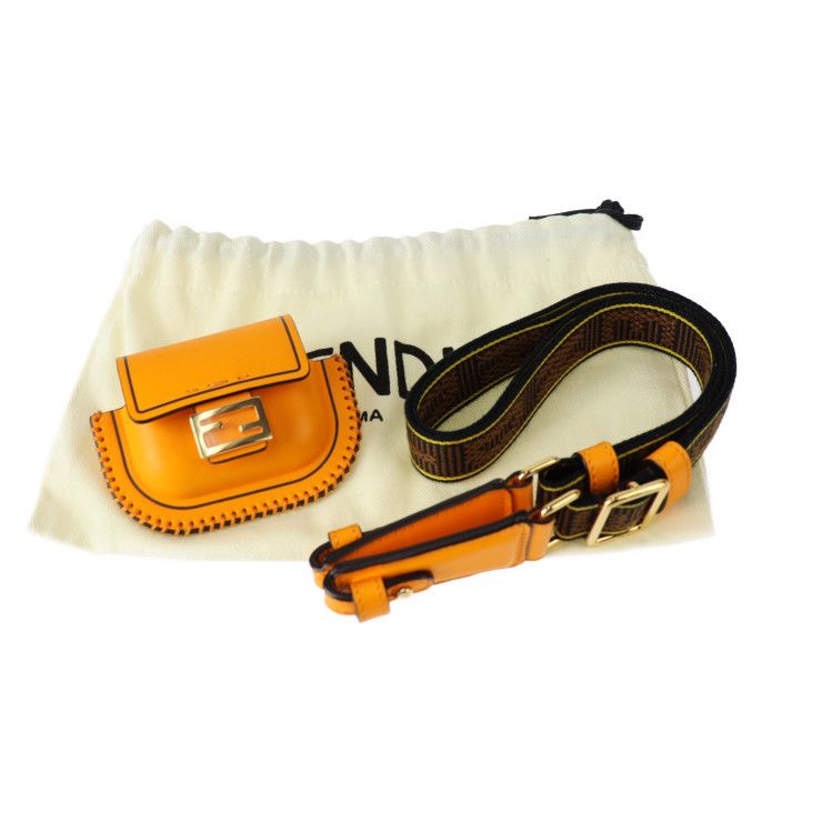 Fendi Pico Baguette Bag Pouch 7ar946 Calf Leather Orange Gold Hardware Earphone