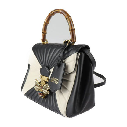Gucci Queen Margaret Top Handle Handbag 476531 Calfleather Black Ivory Gold