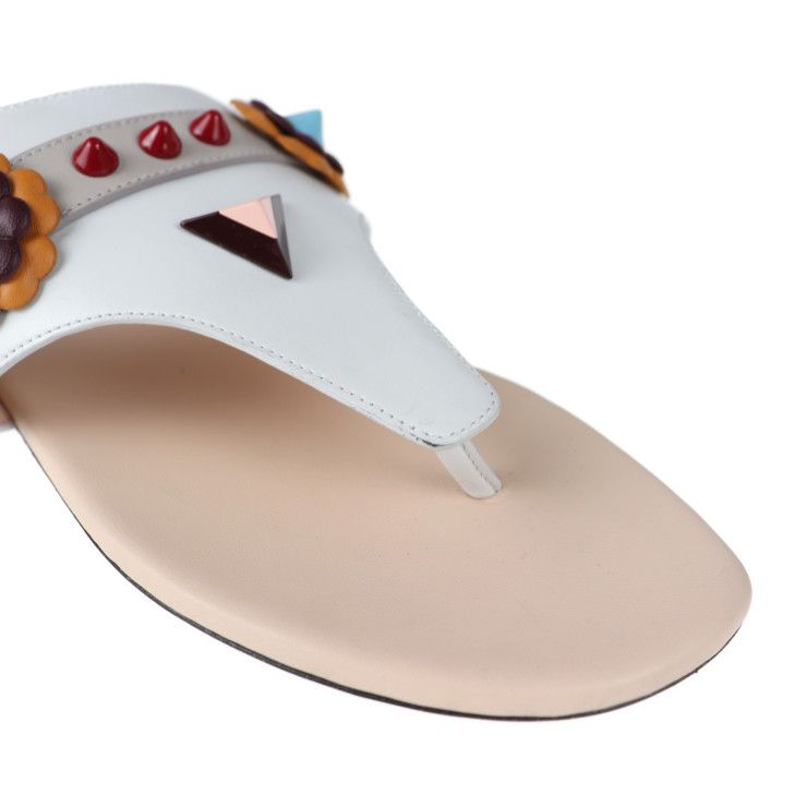Fendi Thong Sandals - Leather White Multicolor Flat Studded Reference Size 22cm