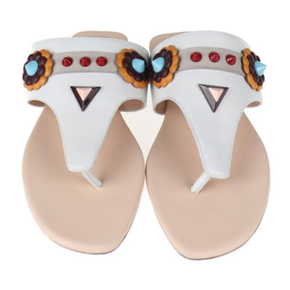 Fendi Thong Sandals - Leather White Multicolor Flat Studded Reference Size 22cm
