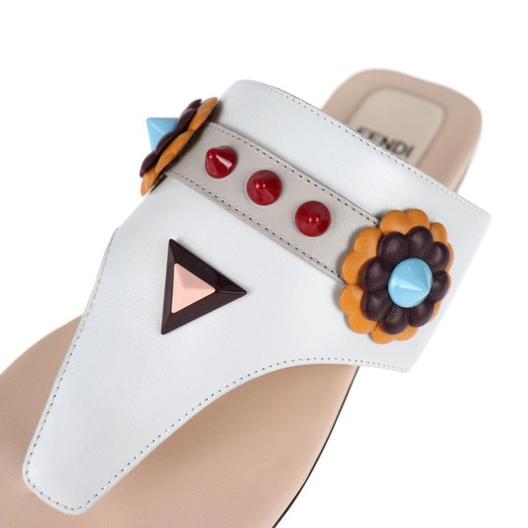 Fendi Thong Sandals - Leather White Multicolor Flat Studded Reference Size 22cm