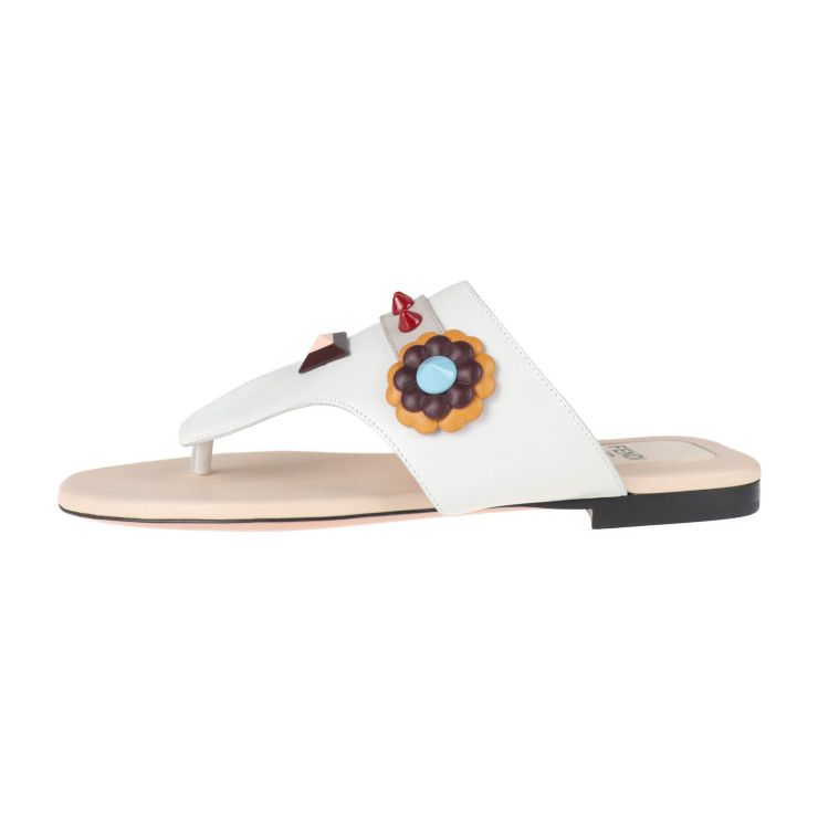 Fendi Thong Sandals - Leather White Multicolor Flat Studded Reference Size 22cm