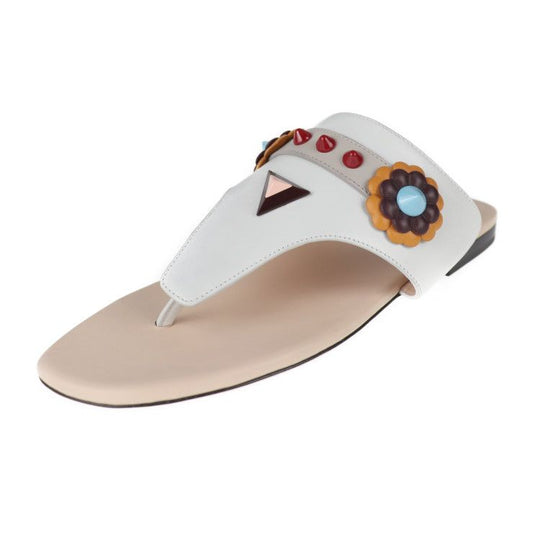 Fendi Thong Sandals - Leather White Multicolor Flat Studded Reference Size 22cm
