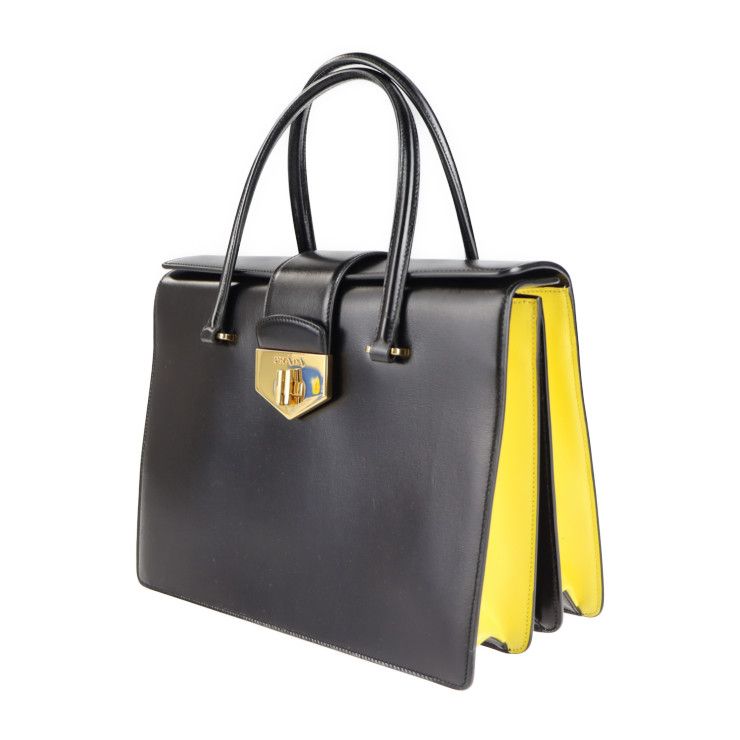 Prada Handbag B2725c Box Calf Black Yellow Gold Hardware Turnlock