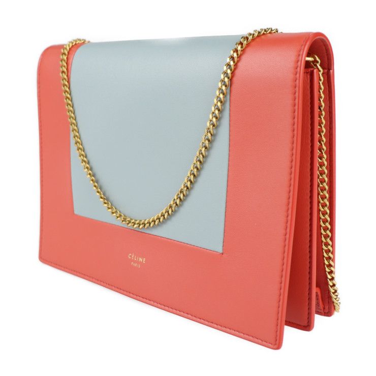 Celine Clutch Bag 107773 Leather Poppy Red Cloud Gray Frame Evening Chain