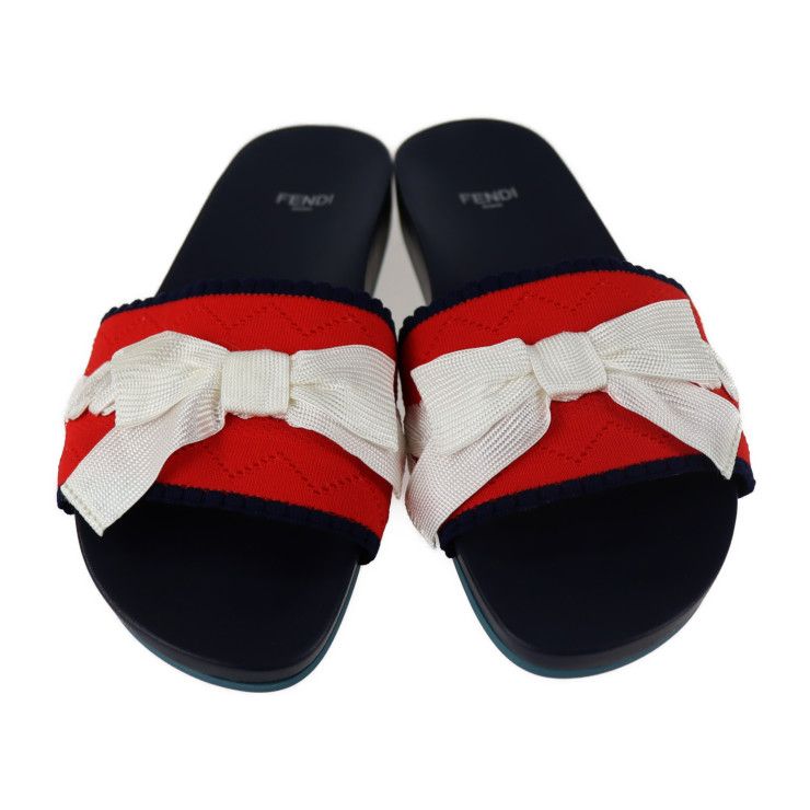 Unused Exhibit Fendi Slide Sandals #37 Canvas Leather Rubber Navy Red White