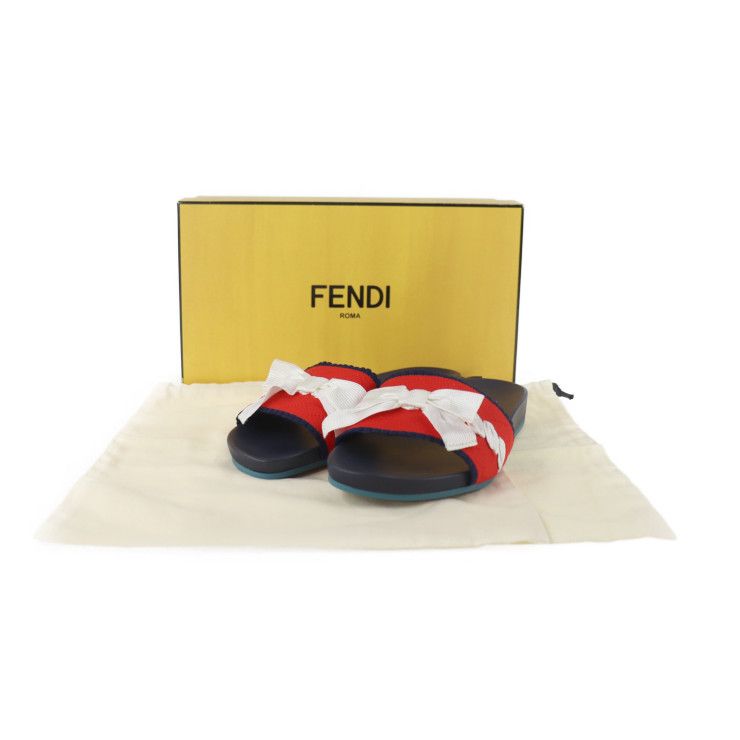 Unused Exhibit Fendi Slide Sandals #37 Canvas Leather Rubber Navy Red White