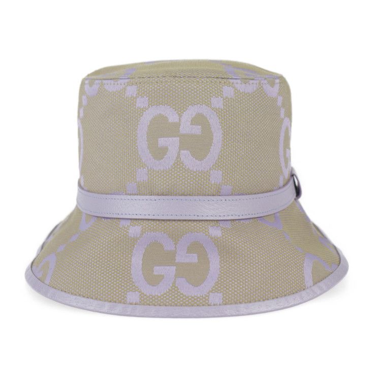 Gucci Bucket Hat 730336 Canvas Leather Beige Light Purple Jumbo GG Hat