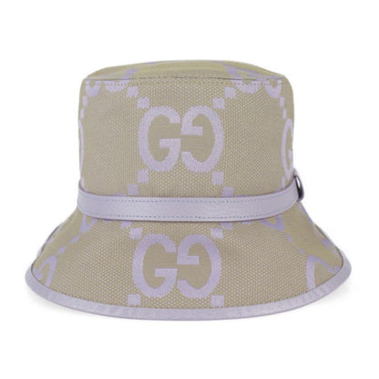 Gucci Bucket Hat 730336 Canvas Leather Beige Light Purple Jumbo GG Hat