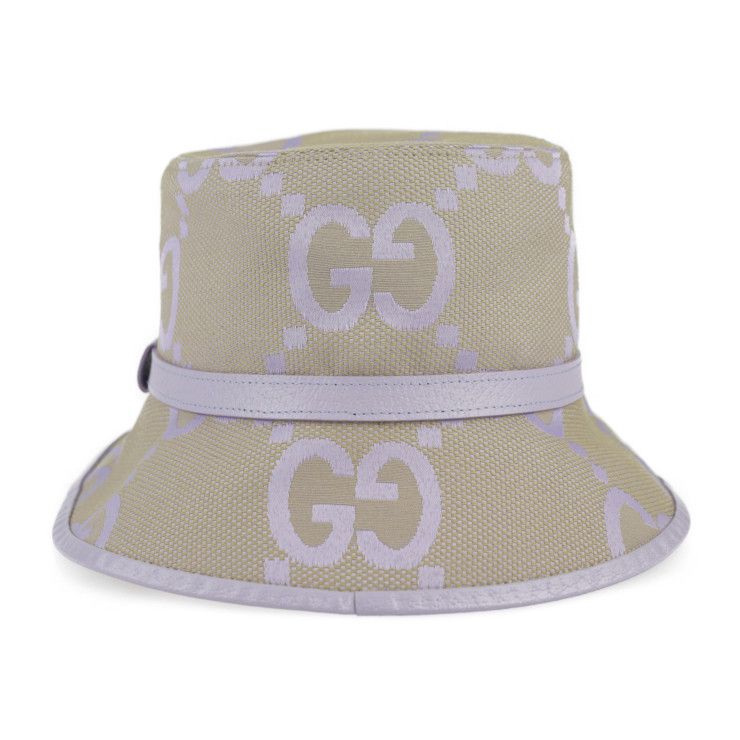 Gucci Bucket Hat 730336 Canvas Leather Beige Light Purple Jumbo GG Hat