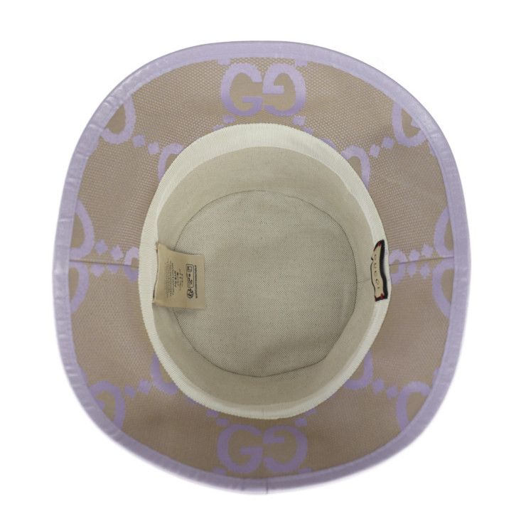 Gucci Bucket Hat 730336 Canvas Leather Beige Light Purple Jumbo GG Hat