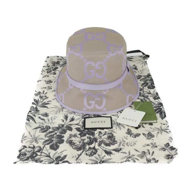 Gucci Bucket Hat 730336 Canvas Leather Beige Light Purple Jumbo GG Hat
