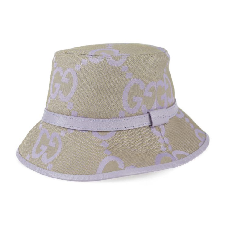 Gucci Bucket Hat 730336 Canvas Leather Beige Light Purple Jumbo GG Hat