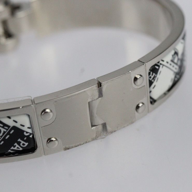 Hermes Charnires PM Bracelet - Metal Cloisonne Silver Black White Bangle