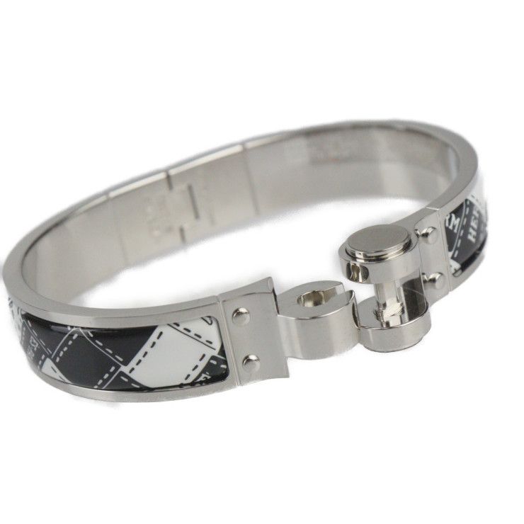 Hermes Charnires PM Bracelet - Metal Cloisonne Silver Black White Bangle