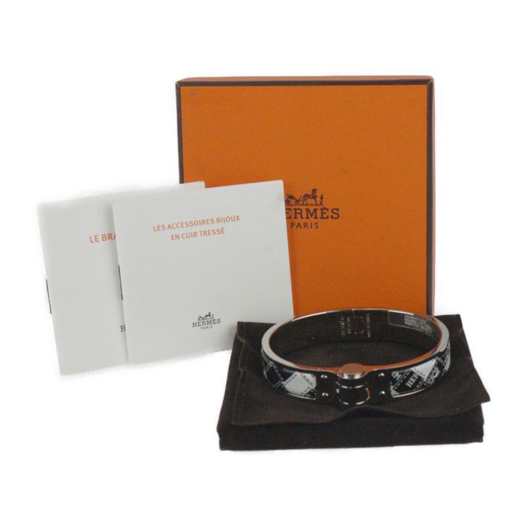 Hermes Charnires PM Bracelet - Metal Cloisonne Silver Black White Bangle