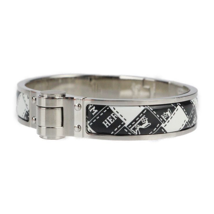 Hermes Charnires PM Bracelet - Metal Cloisonne Silver Black White Bangle