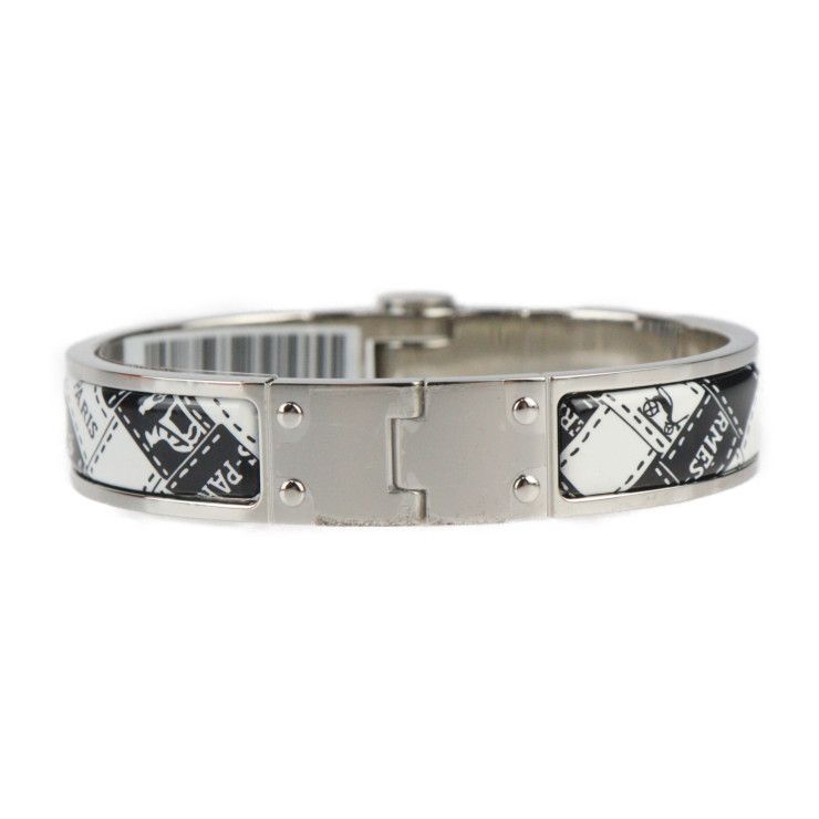 Hermes Charnires PM Bracelet - Metal Cloisonne Silver Black White Bangle