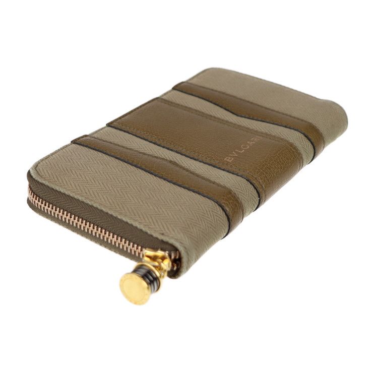 Bvlgari Bulgari Long Wallet 33775 Canvas Leather Brown Khaki Gold Hardware Bee