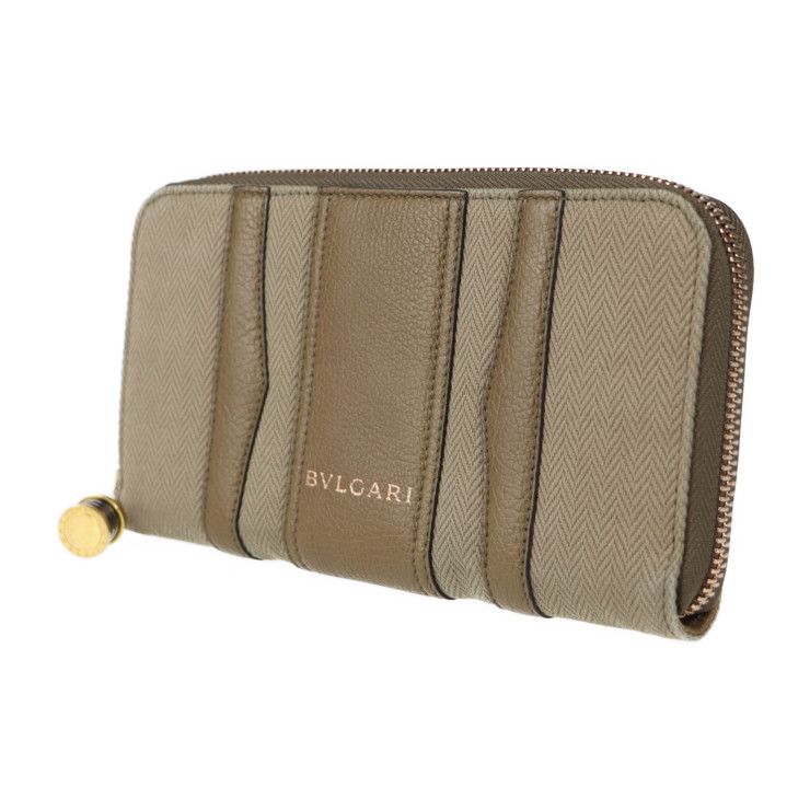 Bvlgari Bulgari Long Wallet 33775 Canvas Leather Brown Khaki Gold Hardware Bee