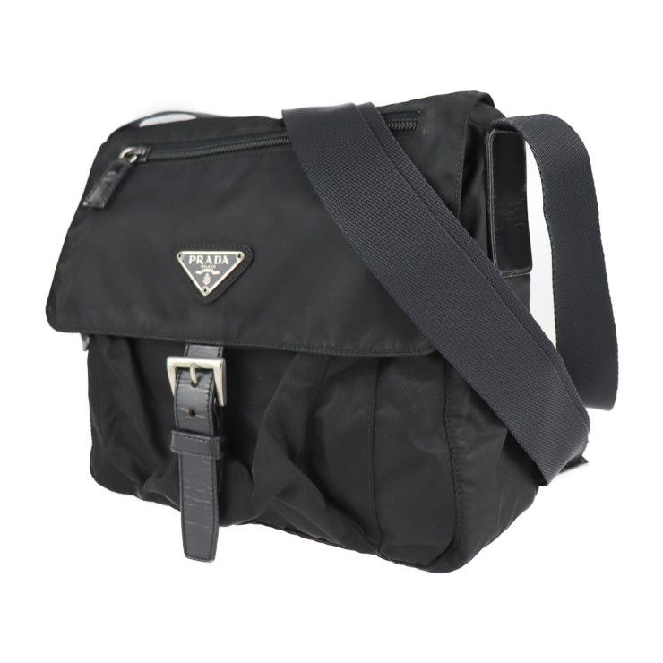 Prada Shoulder Bag B8994 Nylon Leather Black Silver Hardware VELA Triangle Logo