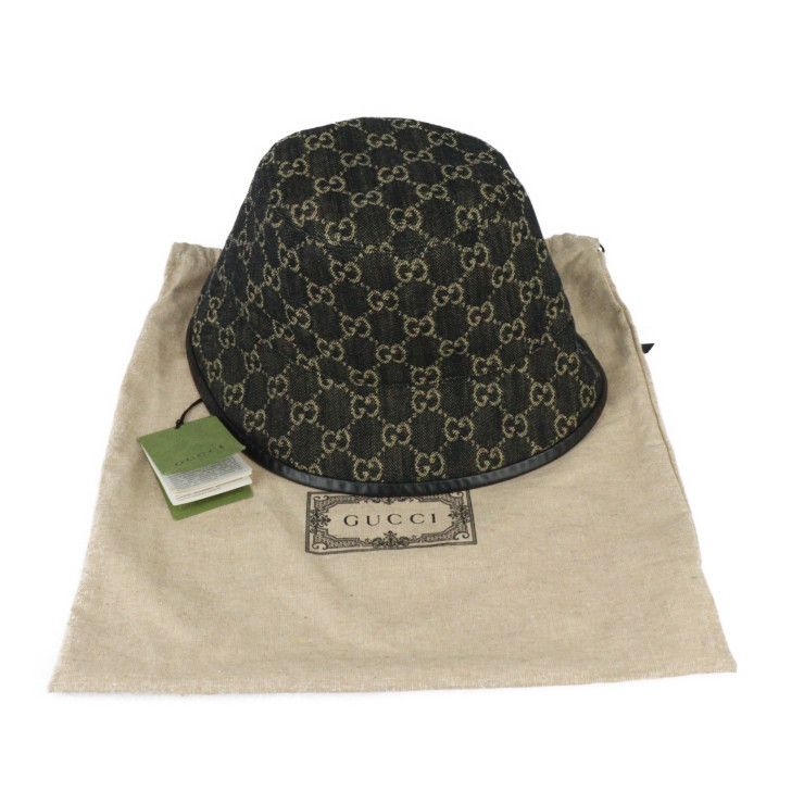 Gucci Bucket Hat 5763713 GG Canvas Leather Black Beige Hat