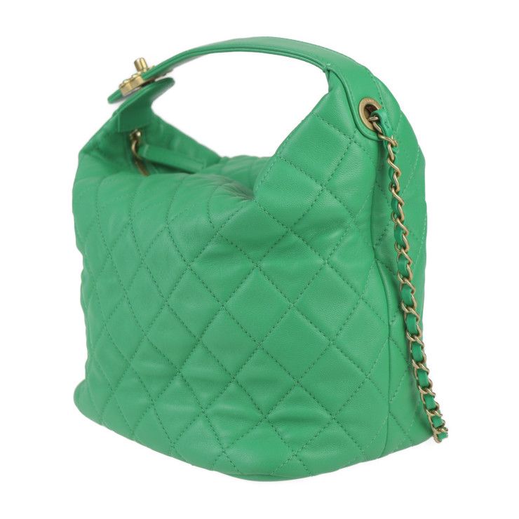 Chanel Hobo Bag 23 Handbag As1747 Lambskin Green Gold Hardware Matelasse 2WAY